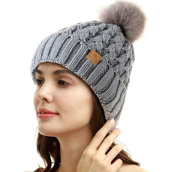 Women’s Light Gray Winter Ribbed Beanie Hat Chunky Cable Knit Pompom Warm main image 4